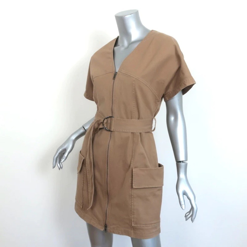A.L.C. Bellamy Zip-Front Mini Dress Brown Stretch Twill Size 8 Belted Shift NEW - Picture 2 of 7